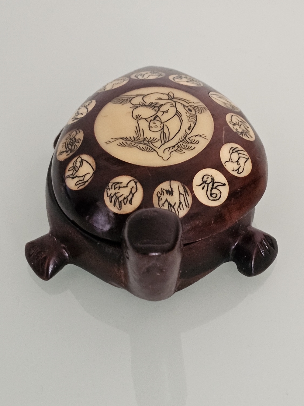 Vintage Chinese Zodiac Turtle Feng Shui Compass Box Carved Wood